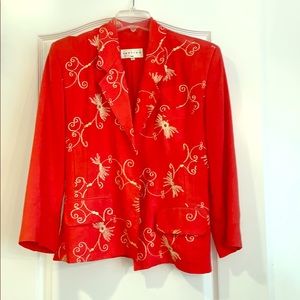 Coral suit jacket with yellow flower stitching